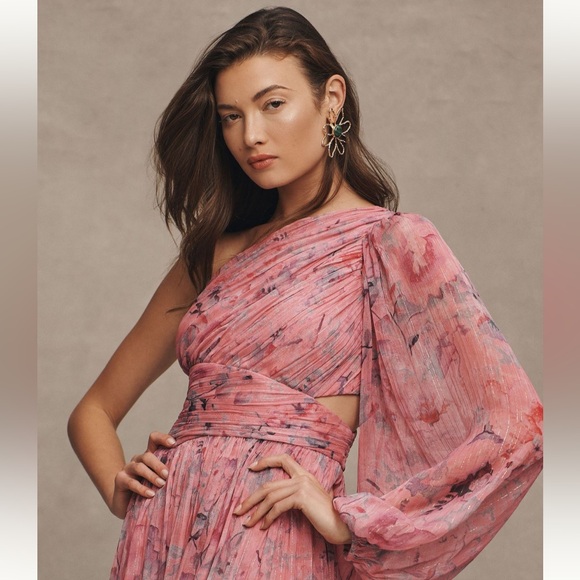 BHLDN Iris one shoulder gown cut out printed chiffon gown. - Picture 2 of 3
